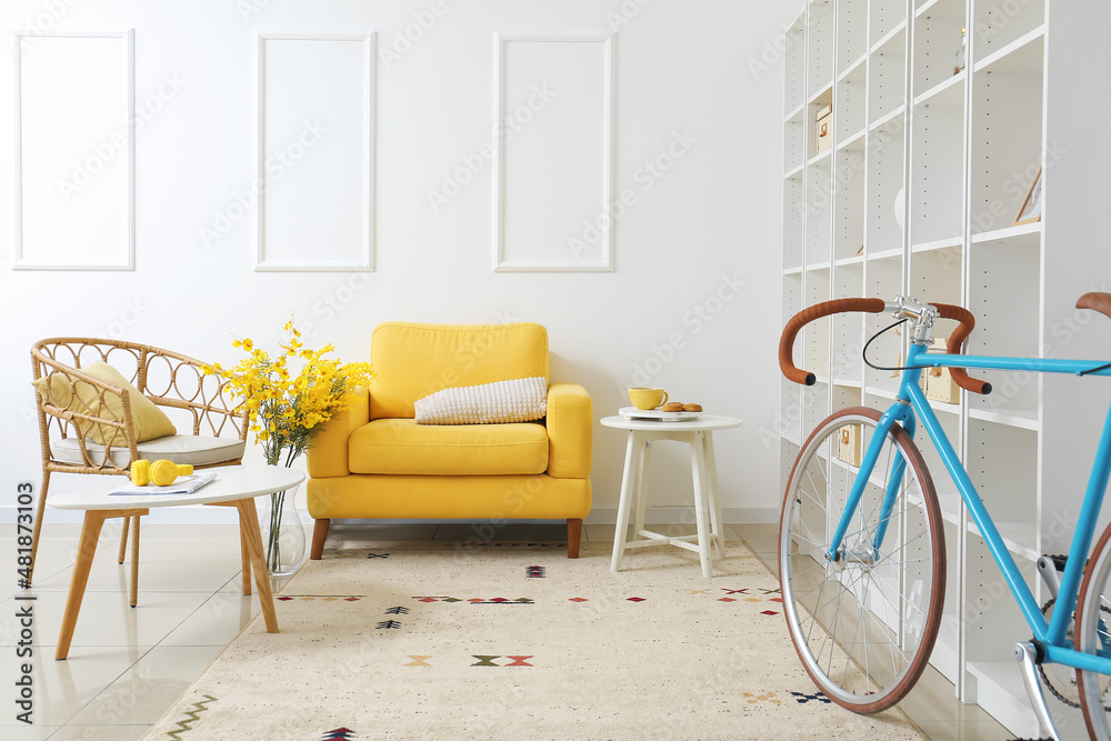 Interior of modern room with bicycle, armchairs and shelf unit