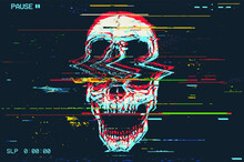 Vector Illustration Of Glitch Screaming Skull In The Style Of Old TV And VHS And RGB Mode Corrupted Graphics Signal On Black Background.