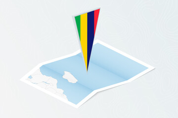 Wall Mural - Isometric paper map of Mauritius with triangular flag of Mauritius in isometric style. Map on topographic background.