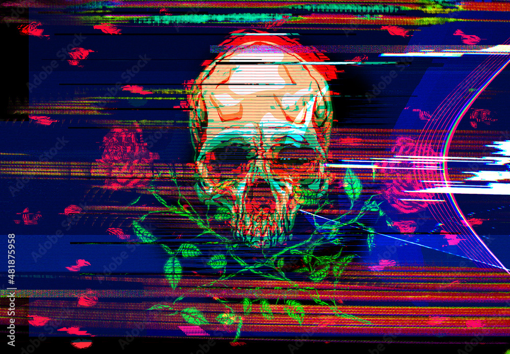 Glitch art colorful distorted illustration of double red roses and ...
