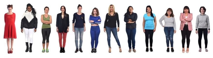 Wall Mural - front view of a  group of a women on white background