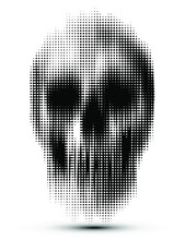 Vector Dot Halftone Vertical Motion Blur Smear Scary Skull Isolated On White Background.