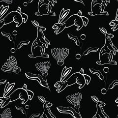 Wall Mural - Easter's rabbits and bunny, decorative vector chalk seamless pattern isolated on dark background. Concept for print, cards, wallpapers