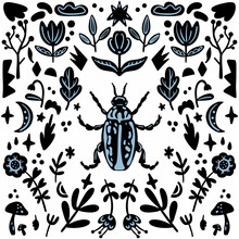 Abstract Black And With Background With Beetle And Plants. Background In Minimalistic Style. Editable Hand Drawn Vector Illustration. Perfect For Fabric, Textile, Clothing, Wrapping Paper, Wallpaper