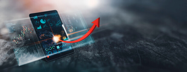Leinwandbilder - Increasing red arrow graph with business data report with growth profit and virtual interface in digital tablet computer.Business growing,Digital marketing technology and global Successful business,