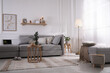 © New Africa - Living room with comfortable grey sofa and stylish interior elements