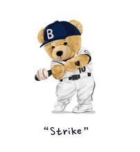 Strike Slogan With Bear Doll Baseball Hitter Vector Illustration