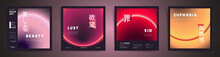 Japanese Meaning - Beauty, Lust, Sin, Euphoria. Social Square Post Template With Neon Modern Gradient. Red, Yellow Cover Card Design Set For Technology Corporate Business Poster, Decor, Web, Print.