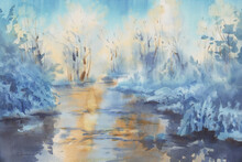 Winter Frost By The River Watercolor Landscape