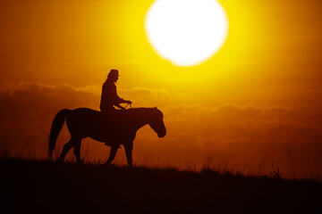 Wall Mural - silhouette of a woman riding a horse with the big sun overhead