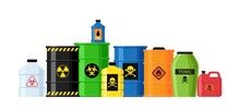 Dangerous Substances Concept. Various Containers With Dangerous Chemical Liquids, Flammable Gases, Toxins And Oils. Radioactive Waste In Special Barrels. Cartoon Modern Flat Vector Illustration.