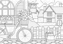 Bicycle With Flowers In Basket. Linear Coloring Book With Houses, Windows, Wooden Fence, Path And Vehicle. Entertainment And Antistress For Children And Adults. Cartoon Flat Vector Illustration