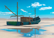 Wood Fishing Boat Is Low Tide On The Desert After Rain Rear Side View