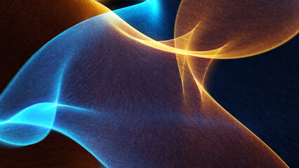 Poster - abstract blue and orange background with flowing lines. dynamic particle waves.