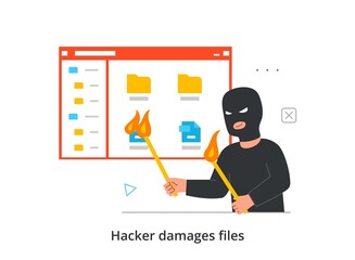 Poster - hacker attack abstract concept. male cybercriminal holds lighted match in his hands and sets fire to