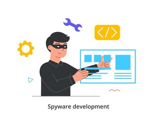 Poster - spyware development concept. criminal in mask developing program to hack database, steal personal in