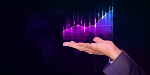 Poster - Abstract Glowing Graph in Gradient with Hand. Modern Business Graph Design Metaverse and Digital Art concept with gradient colors