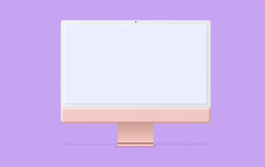 Wall Mural - 3D Minimal desktop, PC blank screen mockup. Modern desktop computer on pink color. Creative ideas minimal design. Vector illustration