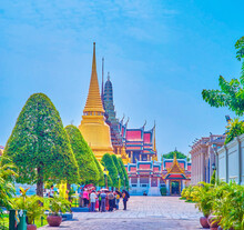 The High Spires Of Wat Phra Kaew Of Emerald Buddha Temple In Grand Palace In Bangkok, Thailand