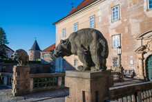 Stony Sculptures Of Bears Near Entrance To Castle Of Nove Mesto Nad Metuji, Czech Republic