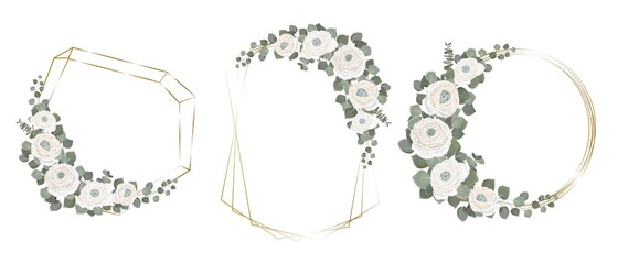 Wall Mural - Vector set of floral frames. White roses, eucalyptus, golden frames. Elements for design on a white background.