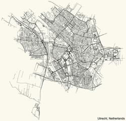 Detailed navigation black lines urban street roads map of the Dutch regional capital city of UTRECHT, NETHERLANDS on vintage beige background