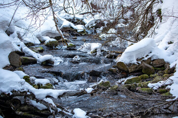 Winter mountain scene with frozen water and people