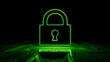 © RocknRoller Studios - Green Security Technology Concept with lock symbol as a neon light. Vibrant colored icon, on a black background with high tech floor. 3D Render