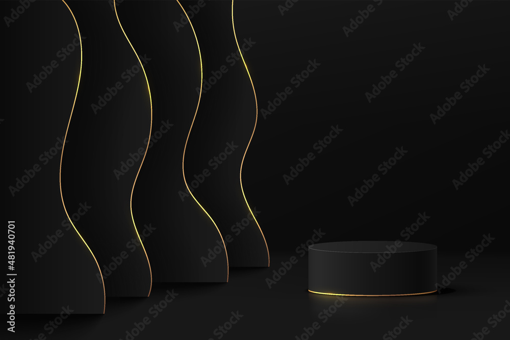 Abstract black 3D room with realistic black cylinder pedestal podium ...