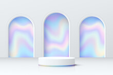 Abstract 3D Room With Realistic White Cylinder Pedestal Podium And Blue Hologram In Arch Shape Window. Minimal Scene For Product Display Presentation. Vector Geometric Platform. Stage For Showcase.