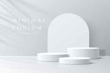 Abstract white 3D room with realistic white cylinder pedestal podium set and palm leaf shadow overlay. Minimal scene for product display presentation. Vector geometric platform. Stage for showcase.