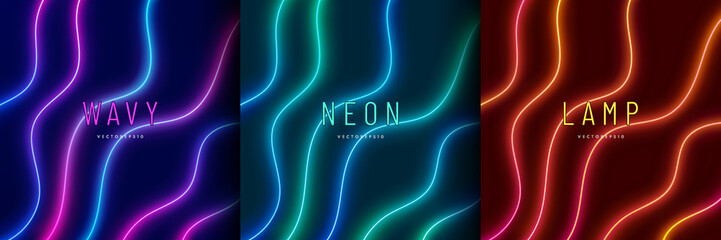 Set of blue-green, red-purple and orange-yellow illuminate lighting lines. Abstract vibrant color template design. Collection of glowing laser wavy lighting on dark background. futuristic style.