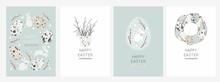 Happy Easter - Vector Print. Cute Spring Card With Quail Eggs, Flowers, Willow Twigs, Bunny, Leaf And Design Elements In Flat Style