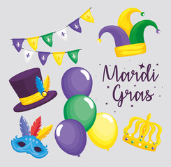 Wall Mural - six happy mardi gras icons