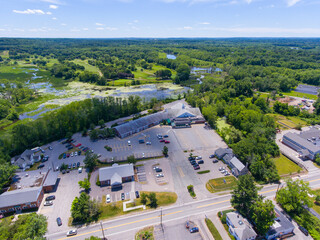 Wayland historic town center aerial view in summer at Boston Post Road and MA Route 27, including First Parish Church and Town Hall, Wayland, Massachusetts MA, USA. 