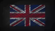 England Flag On Blackboard N Scribble Chalk Effect. Animated British Banner Drawn In Chalkboard. 