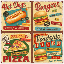 Fast Food Vintage Vector Poster Collection.Retro Diner,burger,hot Dog,pizza Metal Sign.