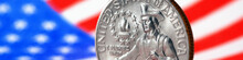 US Quarter Dollar Coin With Drummer Closeup And USA Flag. Stars And Stripes In The Blur. Beautiful Banner Of American Patriotism And July 4. Independence Day Headline. Macro