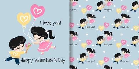 Wall Mural - Valentines Day banner and seamless pattern of cute couple in happy moment with cute flowers, balloons, i love you text on gray background.