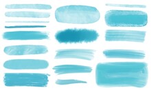 Set Of Watercolor Hand Drawn Watercolor Splashes, Collection Of Blue Brush Strokes Isolated On White Background, Collection Of Decorative Turquoise Paint  Smears, Bundle Of Dynamic Splattered Paint 