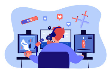 Poster - Gamer with headphones playing online battle video game. Teen sitting at computer monitors flat vector illustration. Multiplayer, cyber sports concept for banner, website design or landing web page