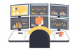 Cartoon broker in front of multiple computer screens in office. Stock trader looking at charts, graphs and diagrams flat vector illustration. Economics, finances concept for banner or landing web page