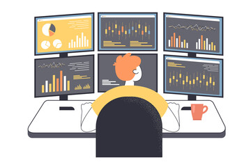 Poster - cartoon broker in front of multiple computer screens in office. stock trader looking at charts, grap