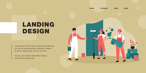 Poster - Professional repairmen repairing apartment. Wall, uniform, painting flat vector illustration. Renovation and repair service concept for banner, website design or landing web page