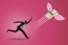 Vector Illustration Of Business Concept, A Businessman Ran For Chasing Wad Of Flying Money