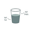 Pessimist and ontimist concept. Glass of water half empty of half full. Positive and negative thinking. 
Line icon with lettering. Vector illustration