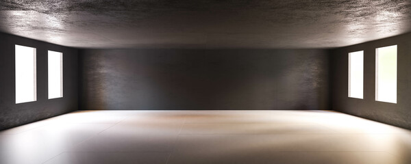 Wall Mural - empty dark concrete room with warm day lighting 3d render illustration