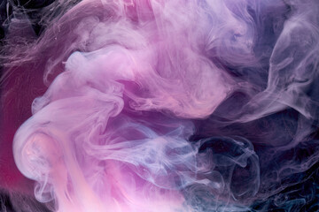 Wall Mural - Purple smoke on black ink background, colorful fog, abstract swirling purple ocean sea, acrylic paint pigment underwater