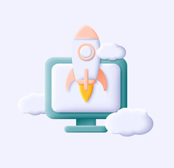 3d illustration of green desktop computer with spaceship flying out of the screen. 3d cartoon style vector