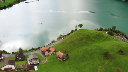 Wall Mural - lungern, switzerland. aerial view of the mountain valley and village. the lake among the mountains. 
